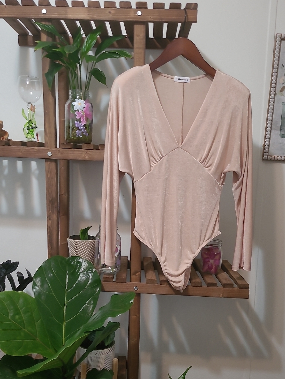 Champagne Shimmer Bodysuit with Dolman Sleeves and Shoulder Pads